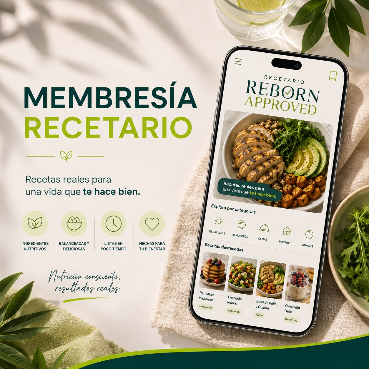 Membresía Recetario en el celular, con desayunos, almuerzos, cenas, postres y snacks